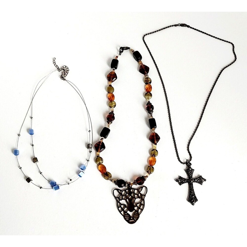 3 LOT Vintage Metal Necklaces Jeweled Cross Panther Unique Costume Jewelry